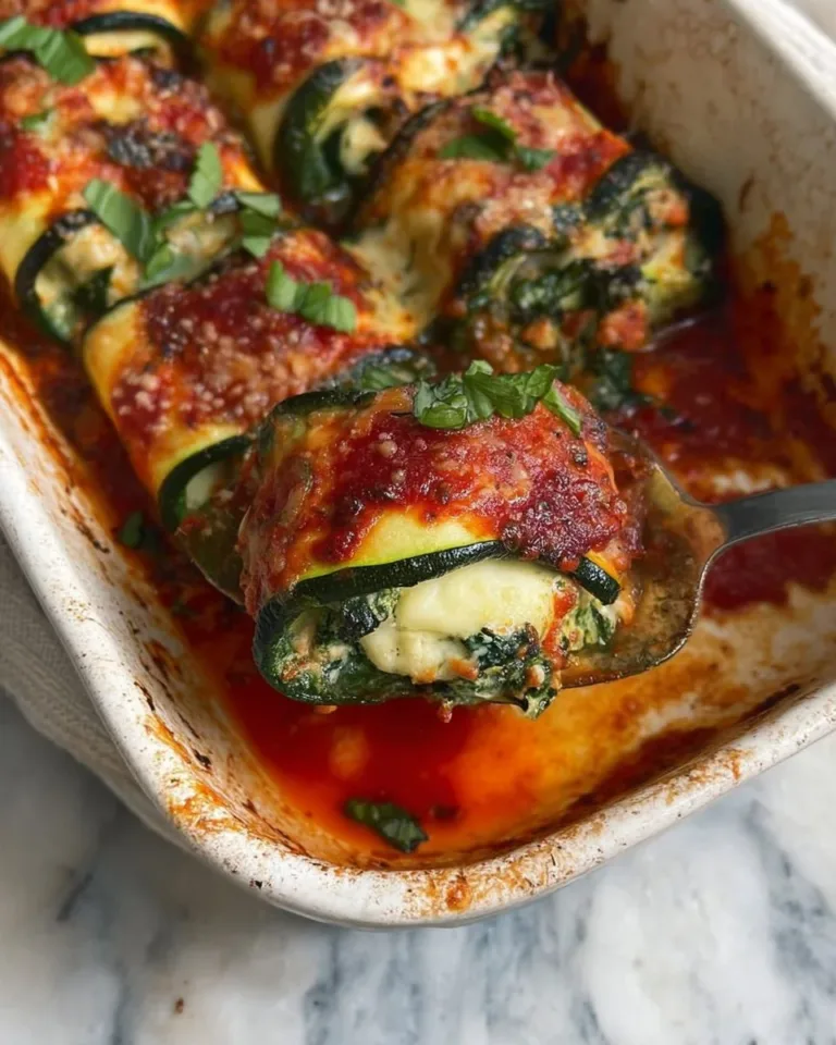 Delicious Zucchini Rollatini filled with ricotta and baked in marinara sauce